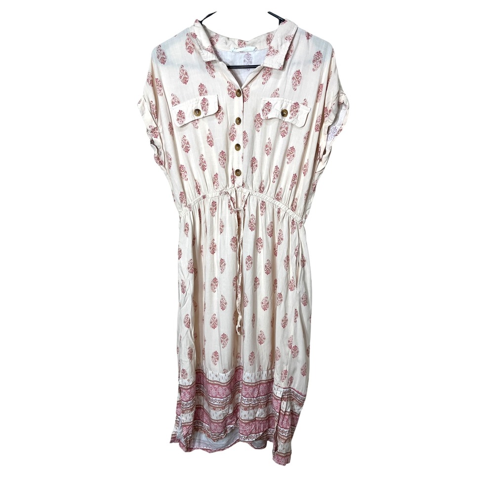 Lucky Brand Women's L Floral Print Midi Dress Short Sleeve Casual Button Down